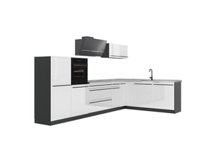 Vicco cuisine en angle, blanc haute brillanceanthracite, 347 x cm plan de travail marbre