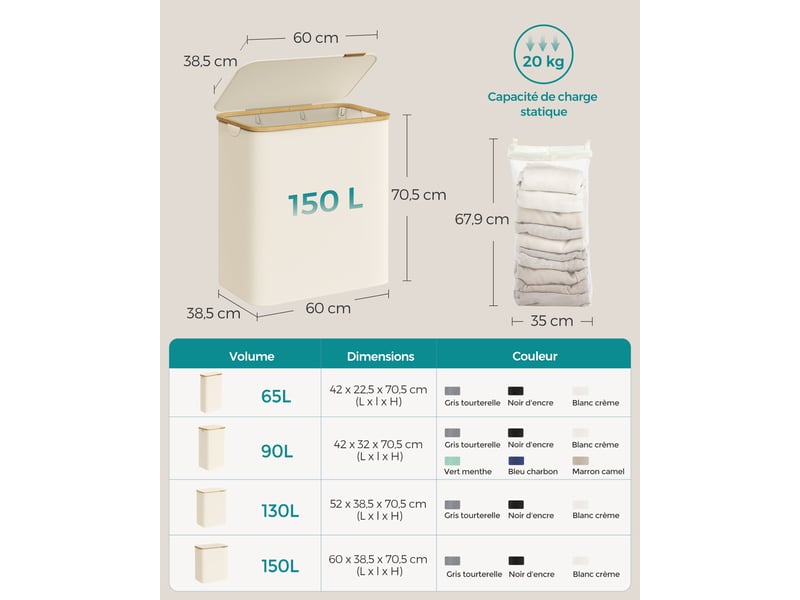 Panier à linge pliable gain de place 65 x 40 x 40 cm avec doublure amovible style moderne en tissu oxford gris 12_0012032  - Conforama B