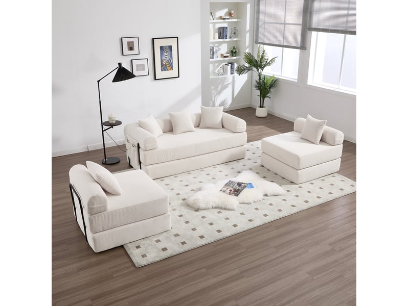  Canapé modulable convertible 4 places en velours côtelé beige, rangement latéral et modules flexibles  - Conforama E