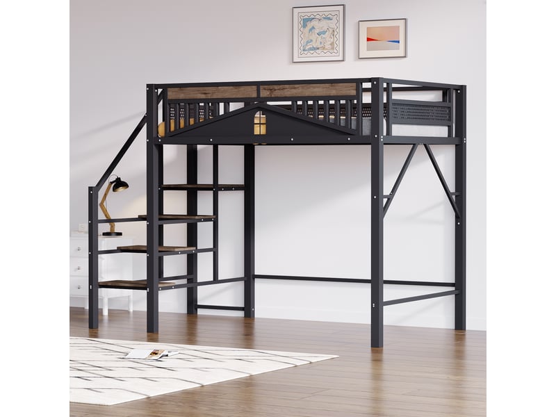  Lit surélevé en métal 140 x 200 cm noir avec fenêtre, échelle sécurisée et vaste espace de rangement sous le lit  - Conforama D