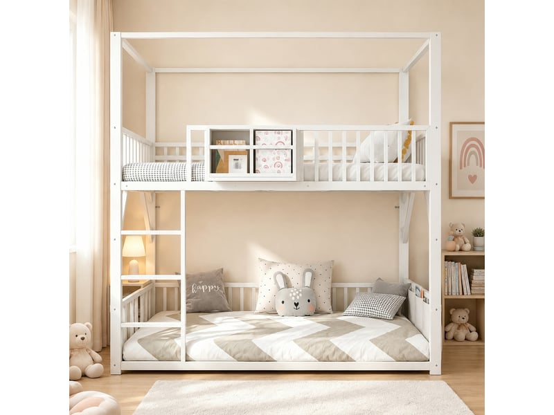  Lit superposé en métal 90x200 cm, structure avec toit, avec étagère et poche de rangement, blanc  - Conforama D