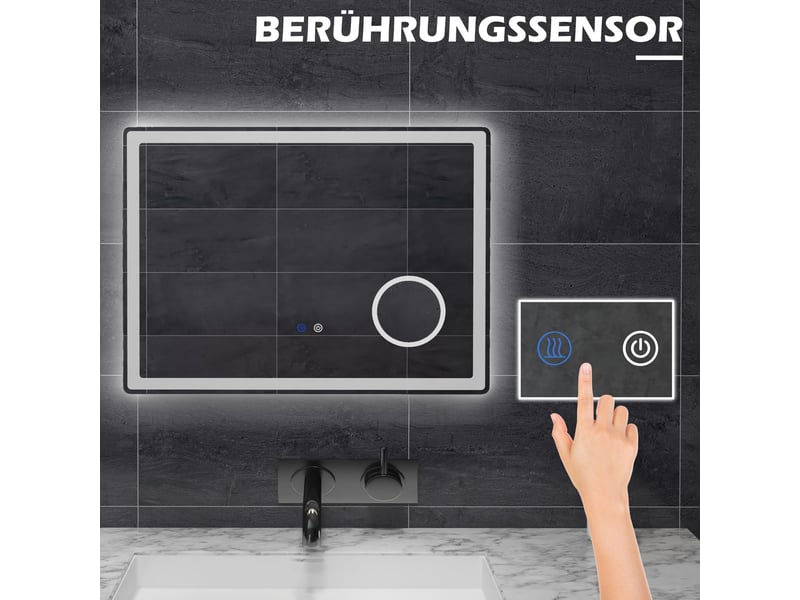  Miroir de salle de bain led kleankin avec grossissement x3 et fonction tactile, 80 x 60 cm, 3 couleurs d'éclairage, antibuée  - Conforama C