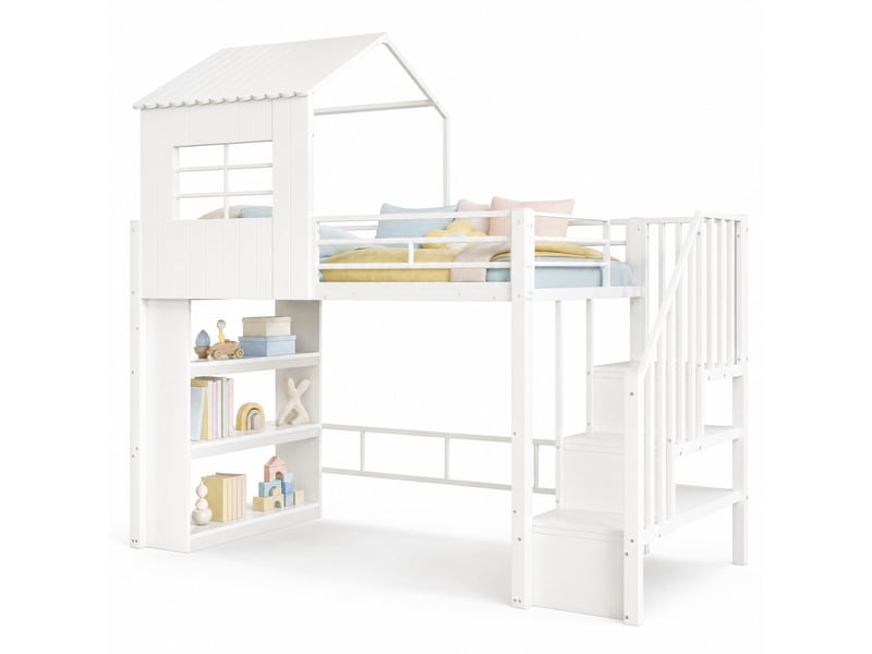 Lit mezzanine enfant 90x200 cm – blanc – escalier de rangement réversible, étagère et toit maison – sans matelas  - Conforama A