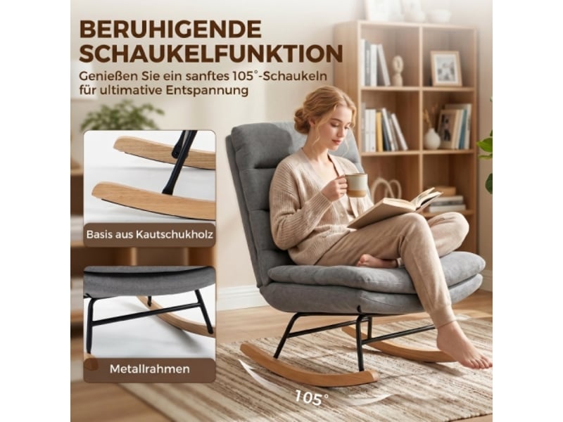  Fauteuil à bascule gris clair aspect lin, dossier haut, assise large, coussin lombaire, double rembourrage  - Conforama D