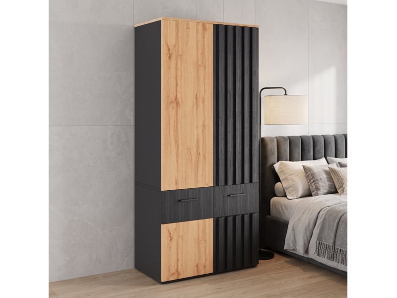 Armoire dressing 2 portes 90 x 50 x 200 cm en mdf et panneau de particules noir et bois clair, 1 tringle, 2 tiroirs - Conforama B