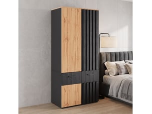 Armoire dressing 2 portes 90 x 50 x 200 cm en mdf et panneau de particules noir et bois clair, 1 tringle, 2 tiroirs