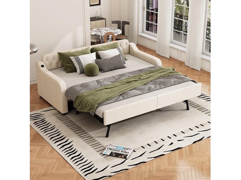  Canapé-lit gigogne 90x200 cm avec prise usb en tissu de lin beige  - Conforama B