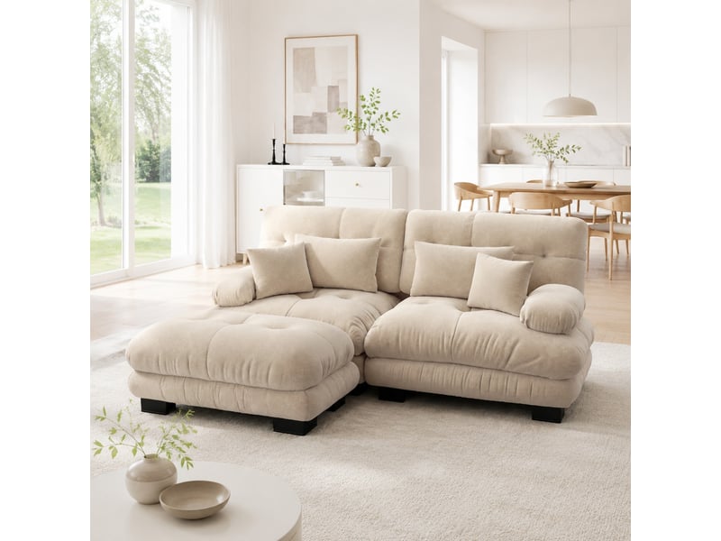  Canapé modulaire 220x145x81cm 2 places, poufs mobiles, coussins inclus, assise généreuse, tissu chenille, café clair  - Conforama B