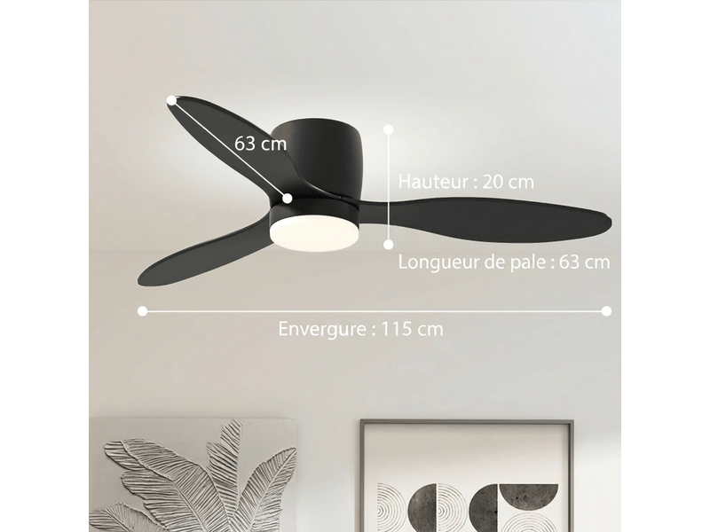 Ventilateur de plafond avec lumière 115 cm noir, led dimmable 3 couleurs, moteur dc réversible, télécommande, 6 vitesses pour chambre - Conforama C