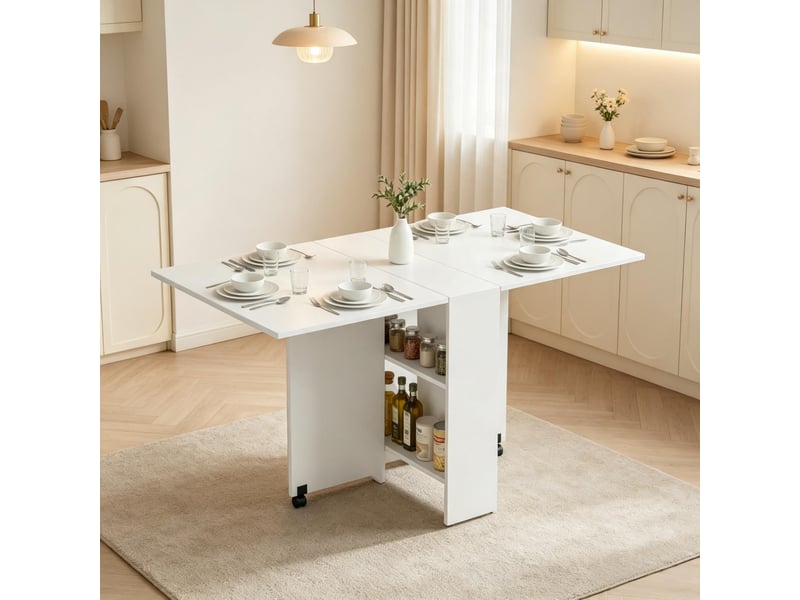 Table à manger pliante gain de place avec roulettes et rangement, table extensible de cuisine pour 6 personnes - Conforama B