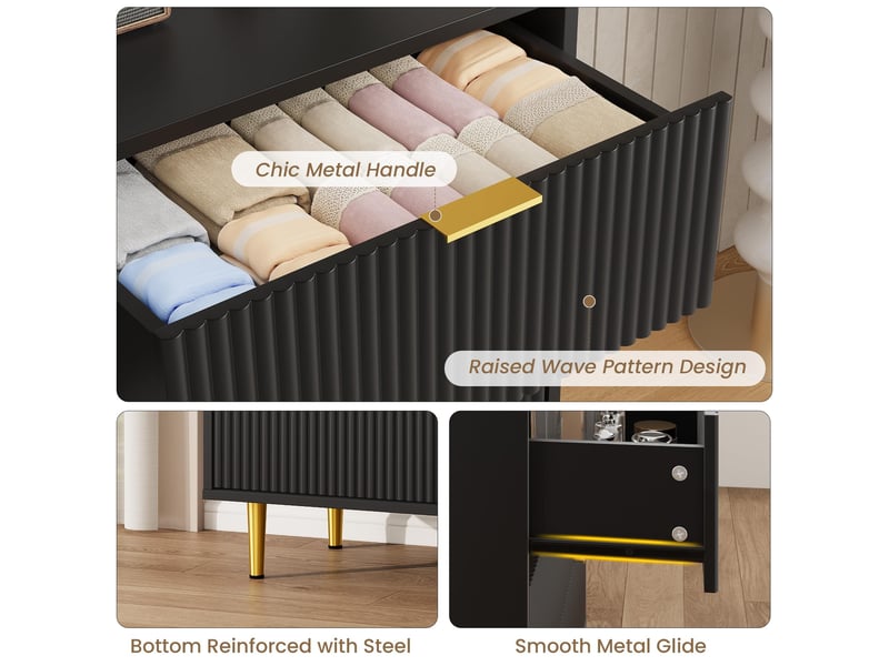 Commode moderne 3 tiroirs façade ondulée – rangement élégant, poignées et pieds dorés – pour chambre, salon ou entrée -noir PHK_35LRLKAX - Conforama C