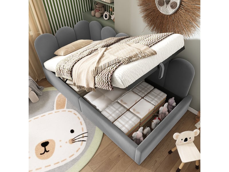 Lit banquette coffre 90 x 200 cm, coffre à relevage hydraulique, dossier en l, sommier à lattes, structure rembourrée, pour la chambre, velours, gris ABC - Conforama B