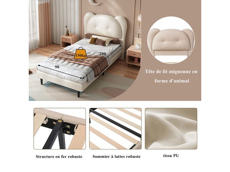  Lit rembourré enfant 90x200 cm design ours mignon - lit enfant - similicuir pu beige, sommier à lattes, tête de lit douce  - Conforama E
