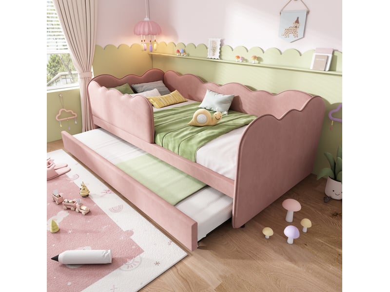 Lit enfant gigogne 90x190 cm avec sommier à lattes, revêtement velours rose - Conforama D