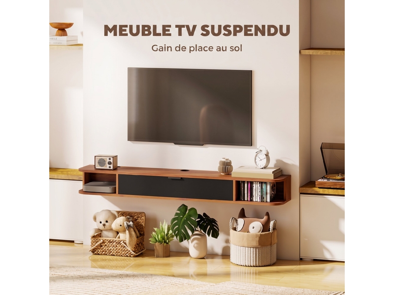  Meuble tv suspendu, meuble télé pour téléviseur jusqu'à 60 pouces, tiroir rabattable, 2 étagères, 140x24x16cm, noyer  - Conforama D