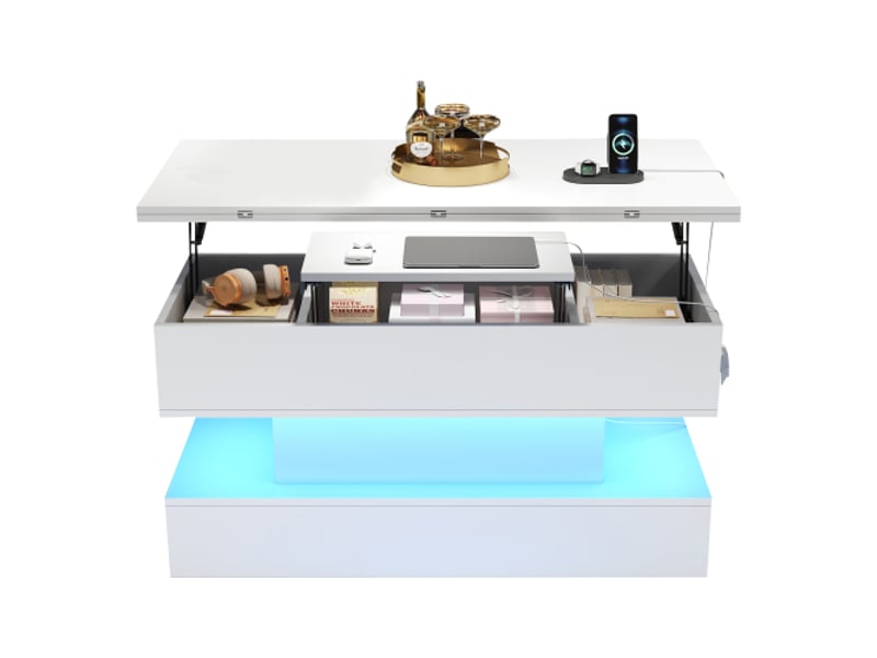  Table basse moderne 100×50×51.5cm multifonction avec led, prise électrique et ports usb-cusb, table relevable  - Conforama A