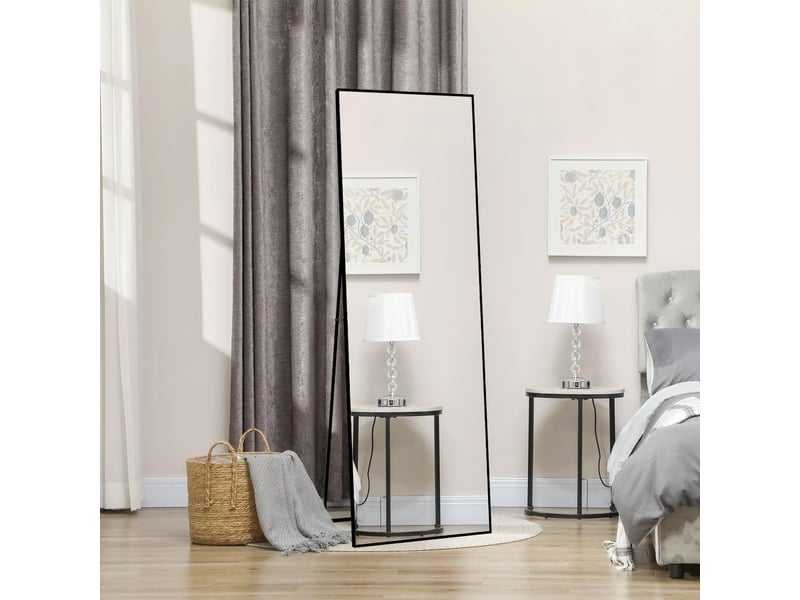 Miroir sur pied rectangulaire noir - 177x77cm - miroir psyché mural ou autoportant avec cadre en aluminium et verre trempé - Conforama C