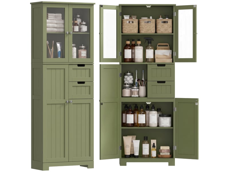  Armoire de rangement haute avec portes vitrées et étagères réglables pour salle de bain, cuisine, salon, verte  - Conforama A