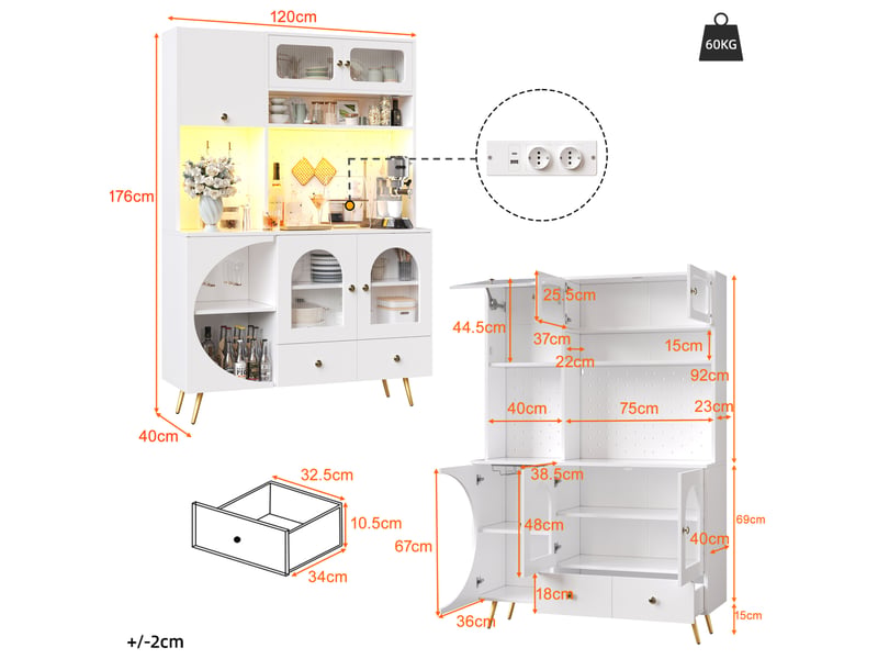  Buffet haut 120x40x176 cm blanc en mdf, verre et métal, led, prises usb, rangement cuisine  - Conforama C