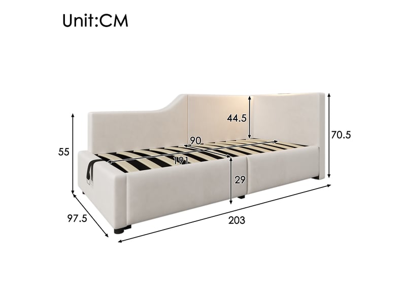  Canapé lit velours beige 90x190 avec coffre hydraulique, lampe de lecture et port usb-c  - Conforama C