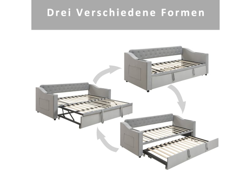 Lit gigogne 90x200 cm, lit enfant avec prise usb, accoudoirs et sommier à lattes, tissu en velours gris, sans matelas - Conforama E