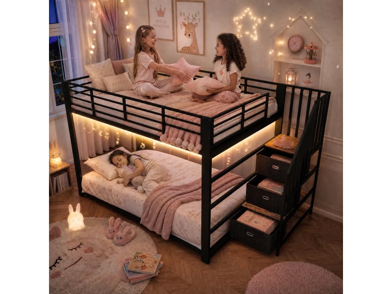  Lit superposé adulte 140 × 200 cm en métal avec escalier de rangement, led, prises électriques et usb, escalier réversible gauche ou droite - noir  - Conforama E