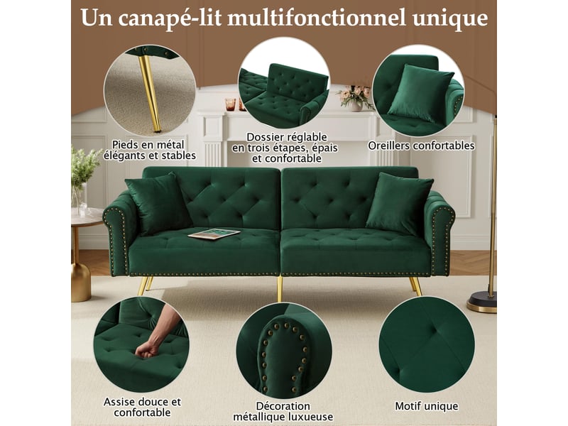  Canapé convertible 2 places velours vert antique avec dossier réglable  - Conforama C