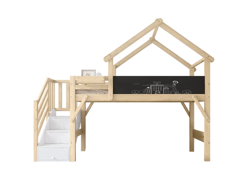 Lit superposé enfant 90x200 cm – blanc et naturel – toit cabane, escalier à 3 rangements, sans matelas - Conforama A