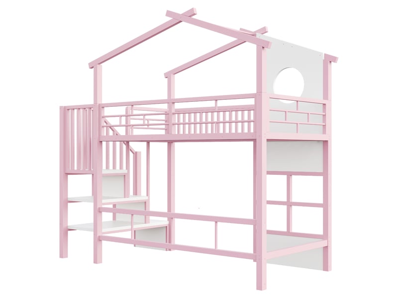  Lit mezzanine enfant 90 x 200 cm en métal, escalier avec rangement, garde-corps haut et éclairage led, rose evarich - Conforama D
