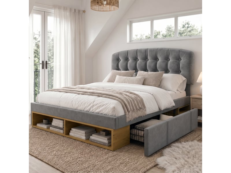 Lit rembourré 140x190 cm avec tête de lit réglable, rangement et tiroirs, lit coffre en velours avec sommier, design arrondi - gris - Conforama B