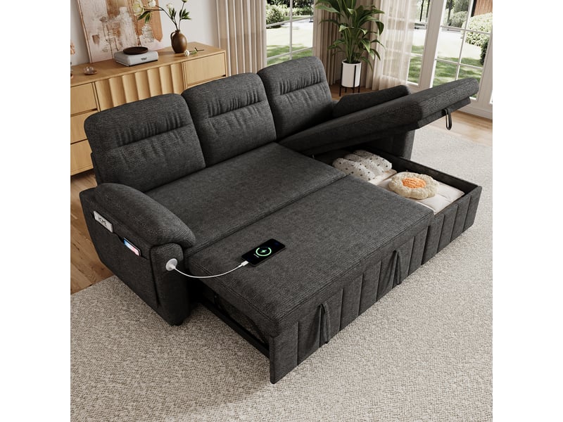 Canapé d'angle convertible 208x131x88cm avec méridienne réversible, couchage, coffre de rangement, usbtype-c, appuie-tête réglable, chenille-gris Bliss Lite - Conforama E