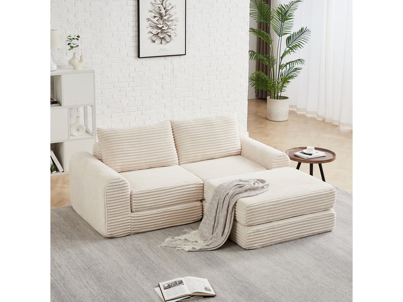 Canapé-lit 2-en-1 velours, accoudoirs courbés, repose-pied amovible, 2 coussins, agencement modulaire  - Conforama B