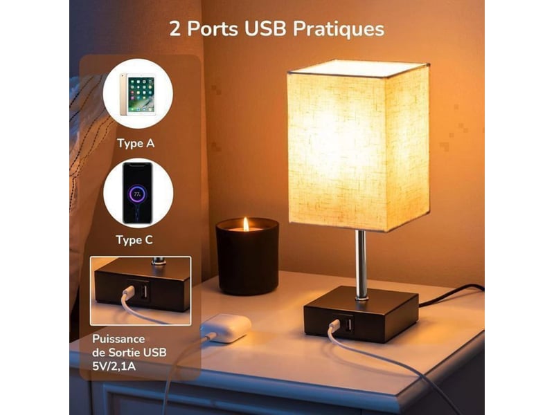  Lampe de table tactile 2x e27 avec usb-a usb-c et variateur 3 niveaux beige lin 370618_AABJN44657_6_DROPFR - Conforama C