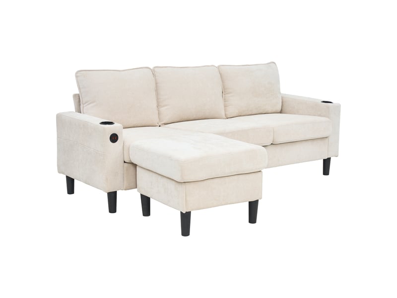  Canapé d’angle l 3 places avec porte-gobelets, usb type-c et poches latérales, 202 x 137 x 80 cm, tissu lin, beige  - Conforama A