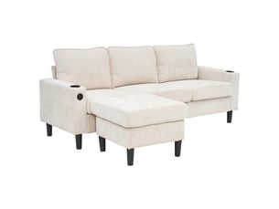 Canapé d’angle l 3 places avec porte-gobelets, usb type-c et poches latérales, 202 x 137 x 80 cm, tissu lin, beige