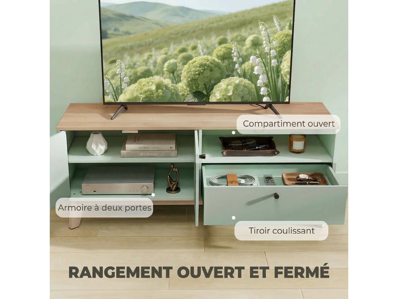  Meuble tv 120 cm, meuble télé pour téléviseur jusqu'à 36 pouces avec 2 portes, tiroir, vert clair, compartiment ouvert  - Conforama A