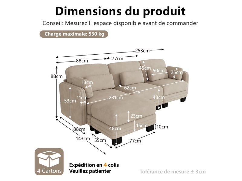  Canapé d’angle modulable 3 places 253x143x88 cm en chenille café clair  - Conforama C