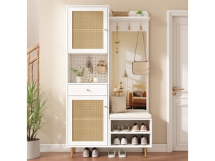 Vestiaire d'entrée 99x35x180 cm avec banc à chaussures, miroir et patères, 2 portes effet cannage, tiroir et panneau perforé, blanc et naturel