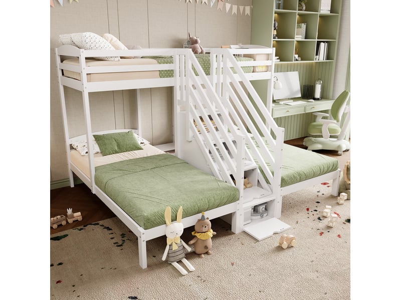  Lit superposé enfant 3 couchages 90x200 cm avec escalier de rangement blanc  - Conforama E