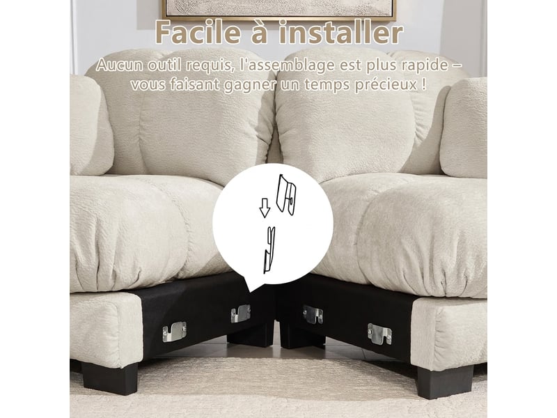 Canapé d'angle 3 places en chenille assises épaisses 260 x 149 x 90 cm avec ottomane mobile - Conforama E