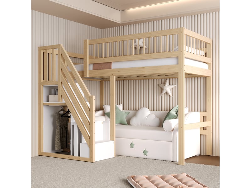  Lit mezzanine 90x200 cm avec escalier de rangement bois couleur naturelle sans matelas  - Conforama B