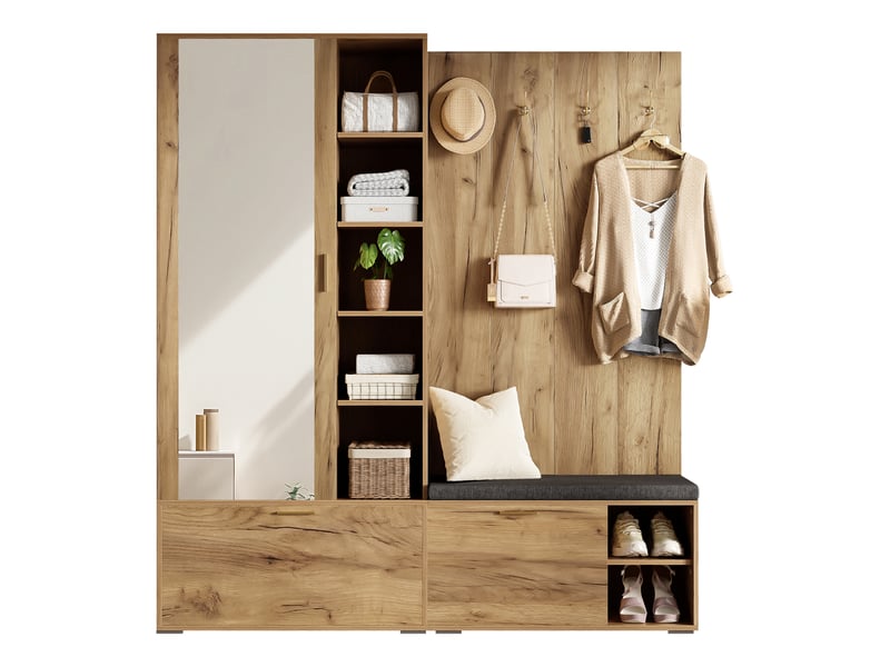 Vestiaire d’entrée 160x38x180 cm, meuble à chaussures et portemanteau, miroir intégré, crochets, panneaux de particules noir et naturel OPULERANE TRADING LTD - Conforama A