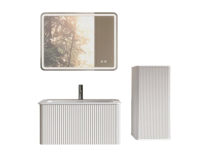 Meuble sous vasque avec miroir led et colonne, rangements muraux pour salle de bain en mdf et verre, blanc mat - Conforama A