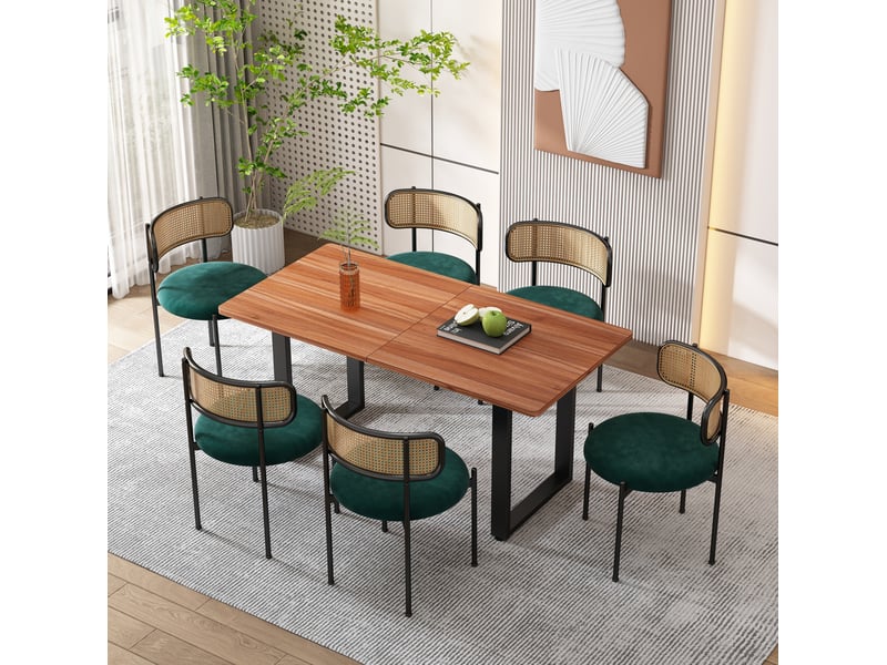 Lot de 4 chaises de salle à manger en velours vert avec dossier en rotin et pieds en métal  - Conforama D