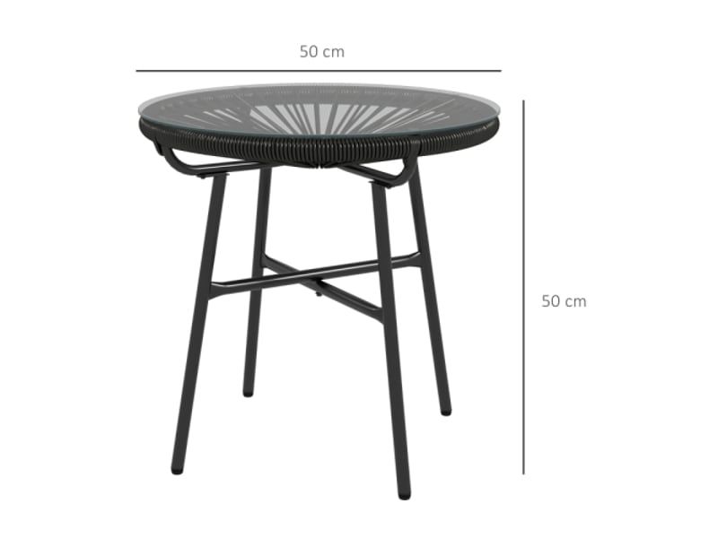 Table d’appoint jardin style bohème, pe rotin, verre trempé, résistante aux intempéries, 50x50x50 cm, noir - Conforama B