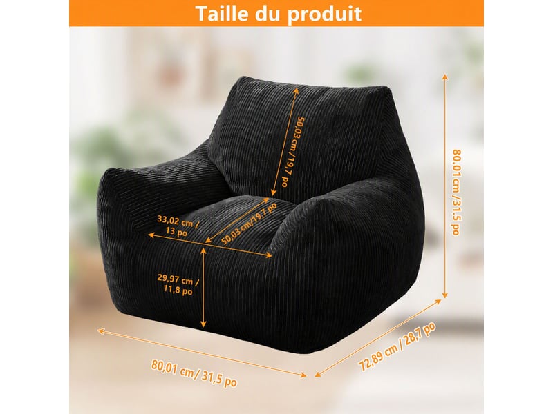 Fauteuil pouf 1 place en velours côtelé noir, assise moelleuse et enveloppante, 80x73x80 cm, design moderne pour salon chambre - Conforama C