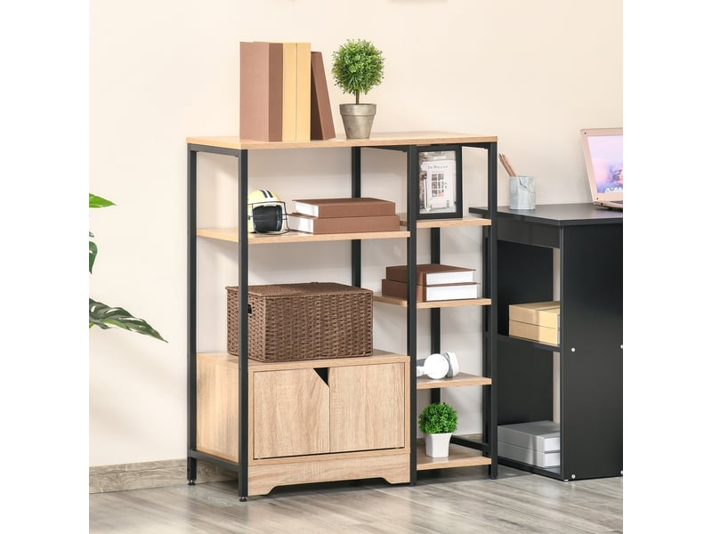  Bibliothèque à plusieurs étagères ouvertes et double porte, structure métallique, 80 x 35 x 97 cm, naturel  - Conforama C