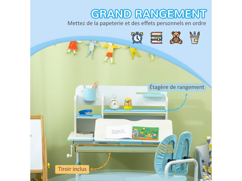  Ensemble bureau et chaise pour enfants hauteur réglable et plateau inclinable 0-60° table bleu 80 x 52 x 88-109 cm  - Conforama R