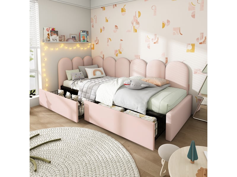  Lit banquette 90x190 cm velours rose avec tiroirs de rangement - canapé lit capitonné avec sommier  - Conforama B