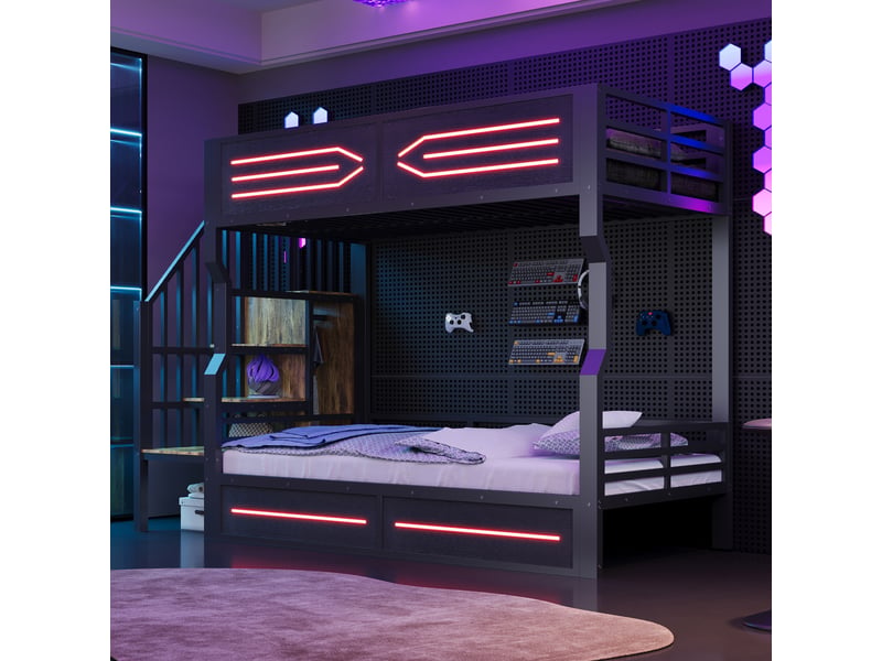  Lit mezzanine enfant 90x200 cm avec rangements intégrés, lit surélevé avec escalier à placards, led et garde-corps haut, noir OPULERANE TRADING LTD - Conforama D